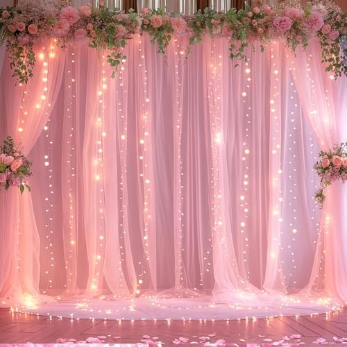 10ft x 15ft Pink Tulle Photo Backdrop Curtain with Lights String for Parties Wedding Sheer Baby Pink Curtain