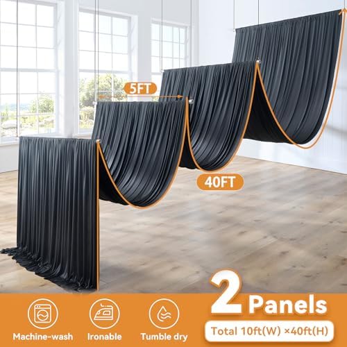 10ft x 40ft Black Ceiling Drapes for Wedding Parties, Wrinkle Free Thick Polyester 40ft Extra Long Wedding, alternate view 6