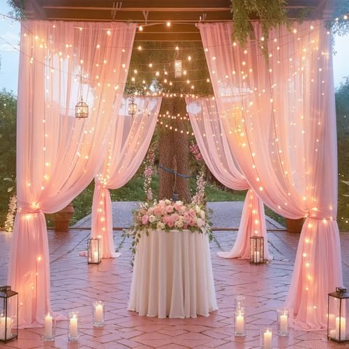 10ft x 7ft Baby Pink Chiffon Backdrop Curtain with Lights String for Parites Wedding Wrinkle Free Curtain Photo, alternate