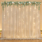 10ft x 7ft Champagne Chiffon Backdrop Curtain with Lights String for Parites Wedding Wrinkle Free Curtain Photo