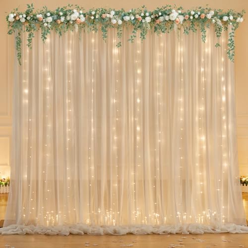 10ft x 7ft Champagne Chiffon Backdrop Curtain with Lights String for Parites Wedding Wrinkle Free Curtain Photo