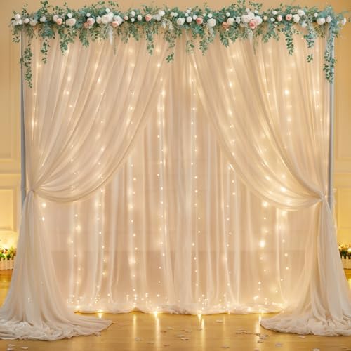10ft x 7ft Champagne Chiffon Backdrop Curtain with Lights String for Parites Wedding Wrinkle Free Curtain Photo, alternate