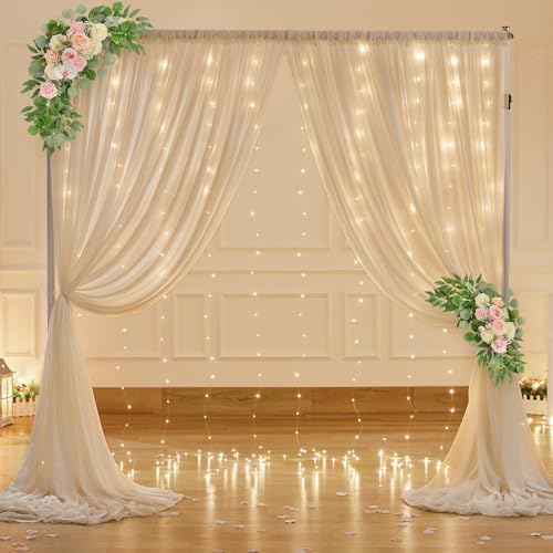 10ft x 7ft Champagne Chiffon Backdrop Curtain with Lights String for Parites Wedding Wrinkle Free Curtain Photo, alternate