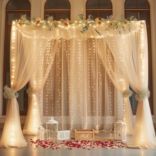 10ft x 7ft Champagne Chiffon Backdrop Curtain with Lights String for Parites Wedding Wrinkle Free Curtain Photo, alternate