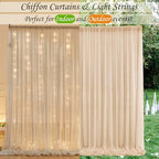 10ft x 7ft Champagne Chiffon Backdrop Curtain with Lights String for Parites Wedding Wrinkle Free Curtain Photo, alternate