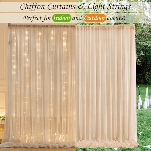 10ft x 7ft Champagne Chiffon Backdrop Curtain with Lights String for Parites Wedding Wrinkle Free Curtain Photo, alternate