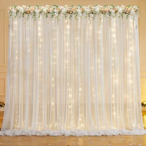 10ft x 7ft Cream White Chiffon Backdrop Curtain with Lights String for Parites Wedding Wrinkle Free Curtain