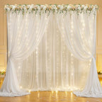 10ft x 7ft Cream White Chiffon Backdrop Curtain with Lights String for Parites Wedding Wrinkle Free Curtain, alternate view 2