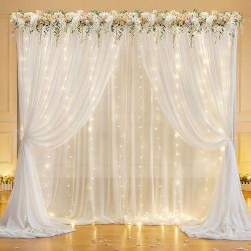 10ft x 7ft Cream White Chiffon Backdrop Curtain with Lights String for Parites Wedding Wrinkle Free Curtain, alternate view 2