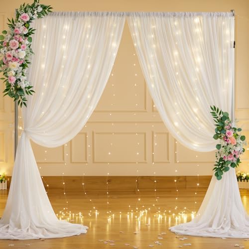 10ft x 7ft Cream White Chiffon Backdrop Curtain with Lights String for Parites Wedding Wrinkle Free Curtain, alternate view 3