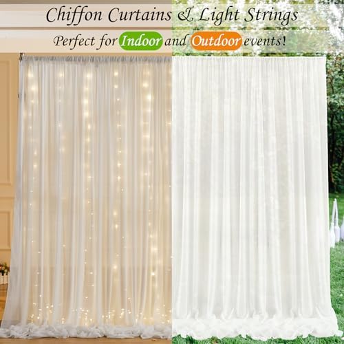 10ft x 7ft Cream White Chiffon Backdrop Curtain with Lights String for Parites Wedding Wrinkle Free Curtain, alternate view 4