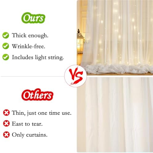10ft x 7ft Cream White Chiffon Backdrop Curtain with Lights String for Parites Wedding Wrinkle Free Curtain, alternate view 5