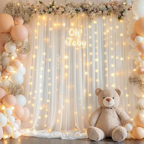 10ft x 7ft Cream White Chiffon Backdrop Curtain with Lights String for Parites Wedding Wrinkle Free Curtain, alternate view 6