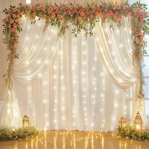 10ft x 7ft Cream White Chiffon Backdrop Curtain with Lights String for Parites Wedding Wrinkle Free Curtain, alternate view 7