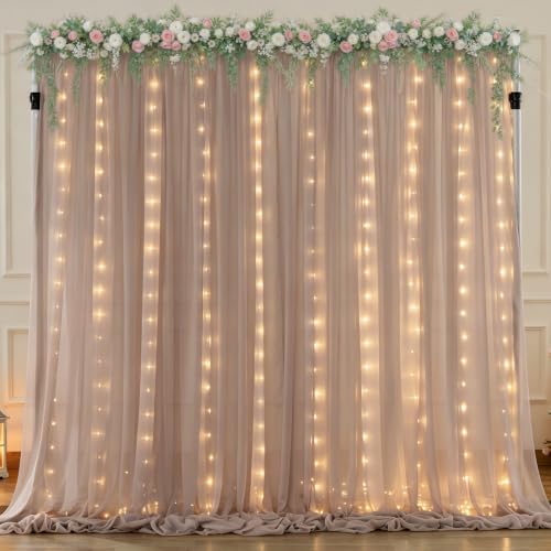 10ft x 7ft Dusty Khaki Chiffon Backdrop Curtain with Lights String for Parites Wedding Wrinkle Free Curtain