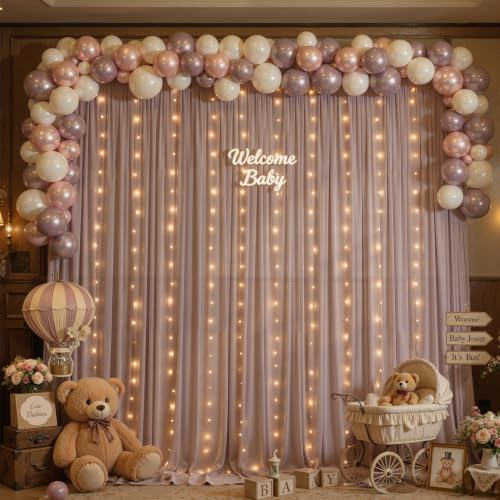 10ft x 7ft Dusty Khaki Chiffon Backdrop Curtain with Lights String for Parites Wedding Wrinkle Free Curtain, alternate view 4