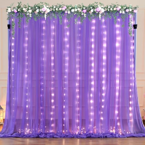 10ft x 7ft Purple Chiffon Backdrop Curtain with Lights String for Parites Wedding Wrinkle Free Curtain Photo