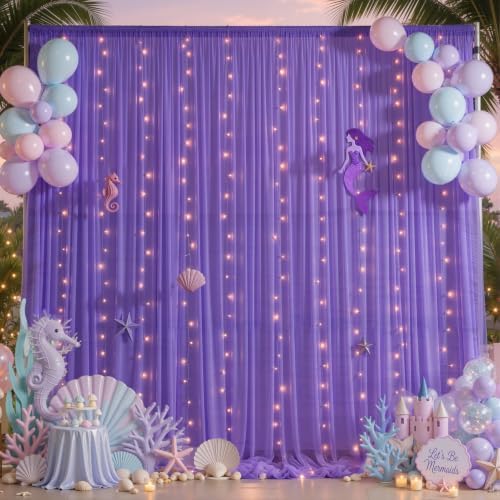 10ft x 7ft Purple Chiffon Backdrop Curtain with Lights String for Parites Wedding Wrinkle Free Curtain Photo, alternate view