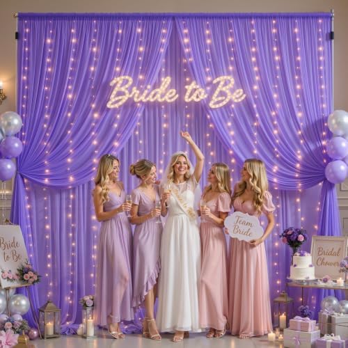 10ft x 7ft Purple Chiffon Backdrop Curtain with Lights String for Parites Wedding Wrinkle Free Curtain Photo, alternate view