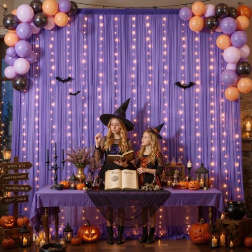10ft x 7ft Purple Chiffon Backdrop Curtain with Lights String for Parites Wedding Wrinkle Free Curtain Photo, alternate view