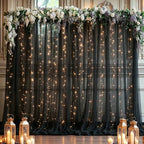 10ft x 8ft Black Backdrop Curtain with Lights String for Parties, Sheer Tulle Wedding Photo Backdrops Drapes for