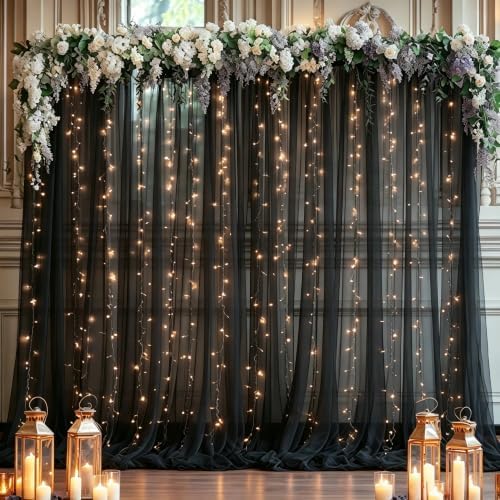 10ft x 8ft Black Backdrop Curtain with Lights String for Parties, Sheer Tulle Wedding Photo Backdrops Drapes for