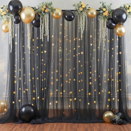 10ft x 8ft Black Backdrop Curtain with Lights String for Parties, Sheer Tulle Wedding Photo Backdrops Drapes for, alternate