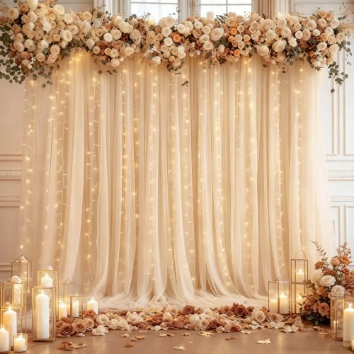 10ft x 8ft Champagne Backdrop Curtain with Lights String for Parties, Sheer Tulle Wedding Photo Backdrops Drapes, alternate