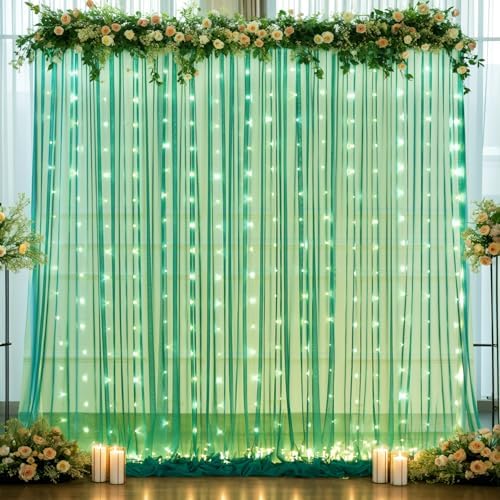 10ft x 8ft Hunter Green Tulle Photo Backdrop Curtain with Lights String for Christmas Party Sheer Curtain