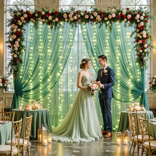10ft x 8ft Hunter Green Tulle Photo Backdrop Curtain with Lights String for Christmas Party Sheer Curtain, alternate view 3