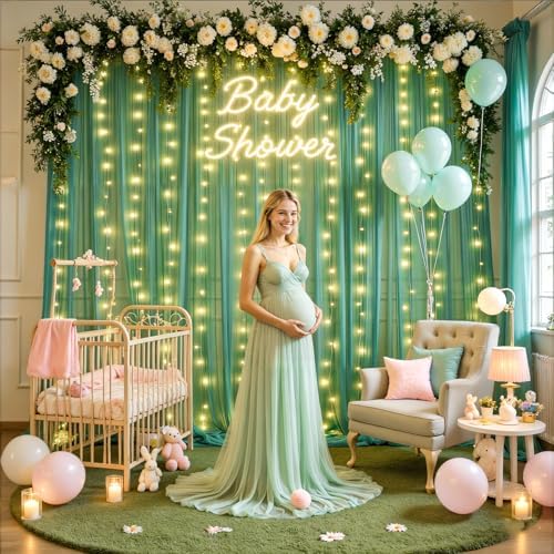 10ft x 8ft Hunter Green Tulle Photo Backdrop Curtain with Lights String for Christmas Party Sheer Curtain, alternate view 4