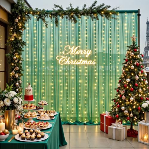 10ft x 8ft Hunter Green Tulle Photo Backdrop Curtain with Lights String for Christmas Party Sheer Curtain, alternate view 5