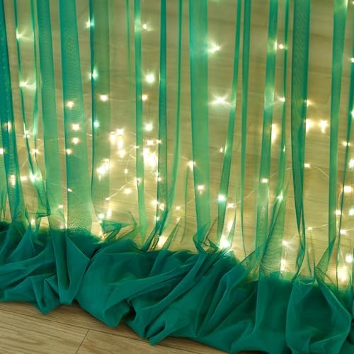 10ft x 8ft Hunter Green Tulle Photo Backdrop Curtain with Lights String for Christmas Party Sheer Curtain, alternate view 7