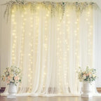 10ft x 8ft Ivory Backdrop Curtain with Lights String for Parties, Sheer Tulle Wedding Photo Backdrops Drapes for