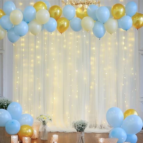 10ft x 8ft Ivory Backdrop Curtain with Lights String for Parties, Sheer Tulle Wedding Photo Backdrops Drapes for, alternate