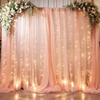 10ft x 8ft Peach Backdrop Curtain with Lights String for Parties, Sheer Tulle Wedding Photo Backdrops Drapes for