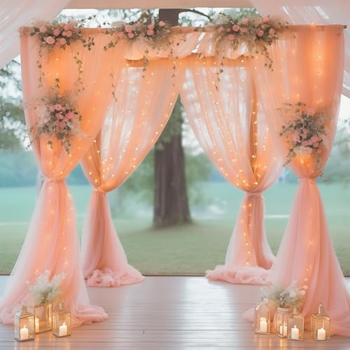 10ft x 8ft Peach Backdrop Curtain with Lights String for Parties, Sheer Tulle Wedding Photo Backdrops Drapes for, alternate