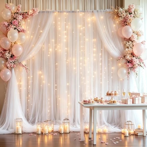 10ft x 8ft White Backdrop Curtains with Lights String for Parties, Sheer Tulle Wedding Photo Backdrops Drapes, alternate view
