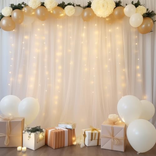 10ft x 8ft White Backdrop Curtains with Lights String for Parties, Sheer Tulle Wedding Photo Backdrops Drapes, alternate view