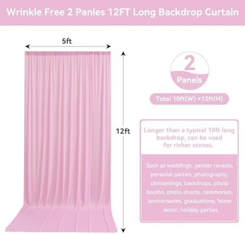 10FTx12FT Baby Pink Backdrop Curtains for Weddings, Birthdays and Photos in W5' x H12'(2 panels) in Baby Pink, alternate view
