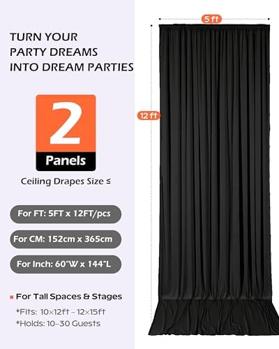10ftx12ft Black Backdrop Curtain for Wedding & Halloween Parties in W5' x H12'(2 panels) in Black, alternate view 4