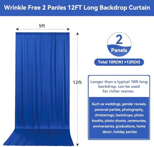 10FTx12FT Royal Blue Backdrop Curtains for Weddings, Birthday and Labor Day in W5' x H12'(2 panels) in Royal, alternate view