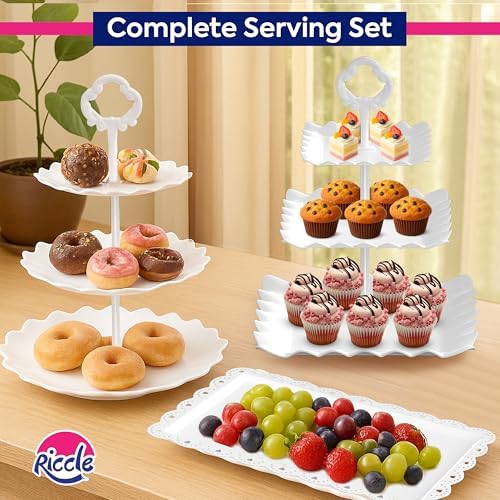 10Pc Dessert Table Display Set, 3 Tiered Cupcake Stand & Cake Stands in White, alternate view 6
