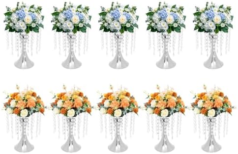 10PCS 10.2" Tall Crystal Wedding Flower Stand Flower Holders in Silver