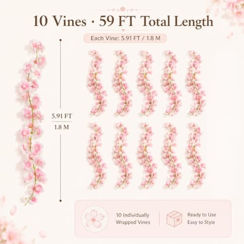 10PCS 59FT Artificial Cherry Blossom Garland, Silk Hanging Vines, alternate view 3