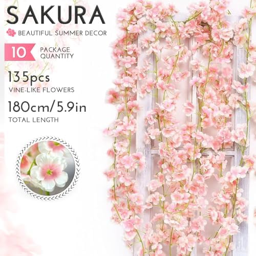 10PCS 59FT Artificial Silk Cherry Blossom Garland, Hanging Sakura Flower Vines for Wedding Party Home Arch, alternate view 3
