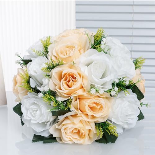10Pcs Artificial Flower Ball Arrangement, 15 Flower Heads Wedding Roses Bouquet with Base Suitable for Parties, alternate
