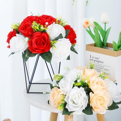10Pcs Artificial Flower Ball Arrangement, 15 Flower Heads Wedding Roses Bouquet with Base Suitable for Parties, alternate
