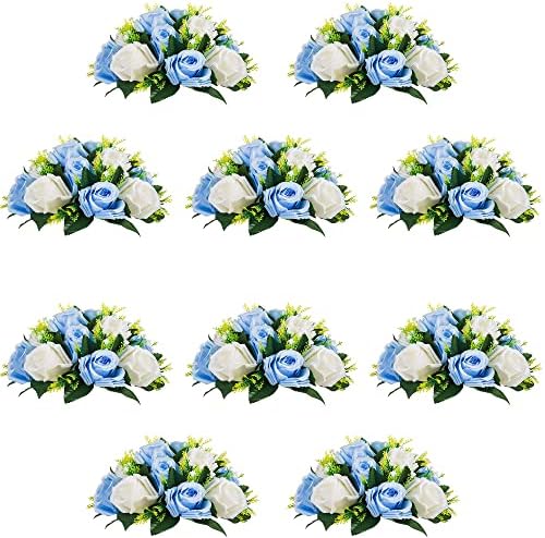 10Pcs Artificial Rose Balls for Centerpieces (Blue & White) in 10"/ 26cm W x 5"/13cm H, Base Diameter: 4.3"/11cm