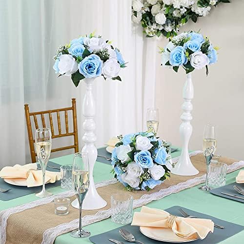 10Pcs Artificial Rose Balls for Centerpieces (Blue & White) in 10"/ 26cm W x 5"/13cm H, Base Diameter: 4.3"/11cm, alternate